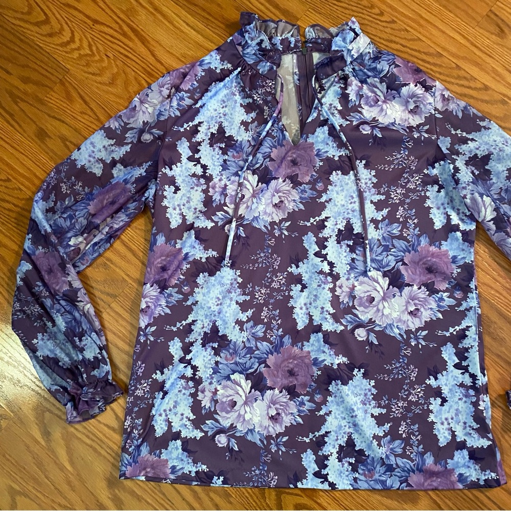 Vintage 70’s Handmade Floral Poet Sleeve Top 70’s Blouse Sheer Sleeves Pussy Bow